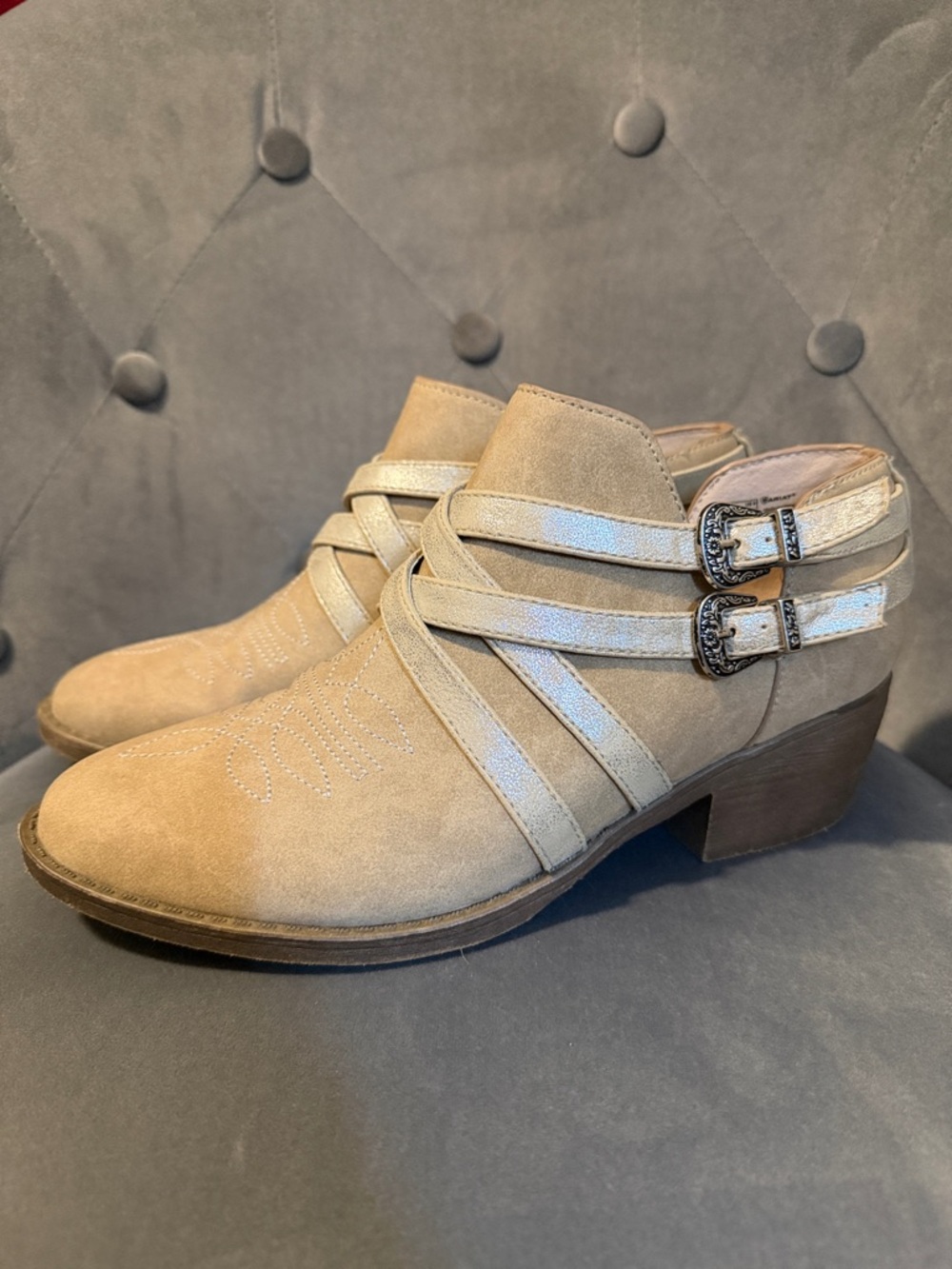 Ariat Light Tan Suede Ankle Booties with Dual Buckle Straps